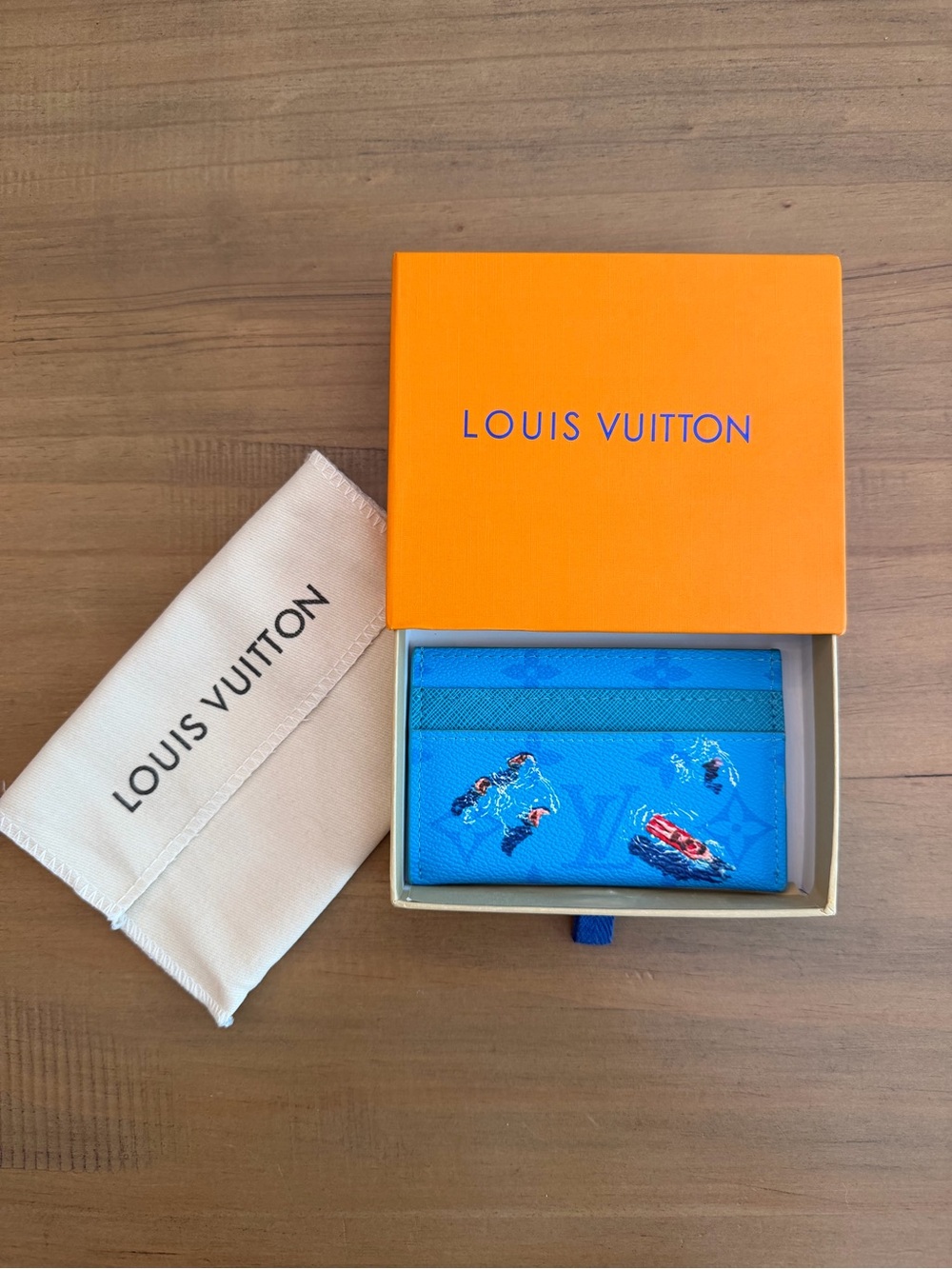 Louis Vuitton Bright Blue Monogram Card Holder with Racing Print